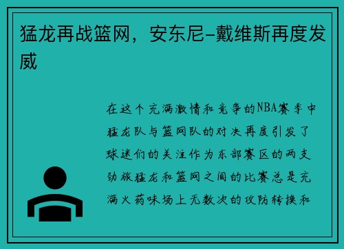 猛龙再战篮网，安东尼-戴维斯再度发威